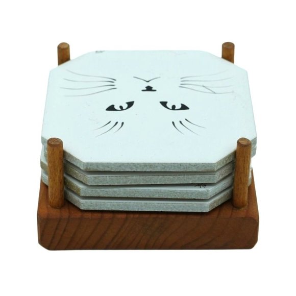 Vintage Kitty Cat Coasters In Wood Holder Porcelain Tiles Signed MG Set of 4 Hom - Picture 4 of 10